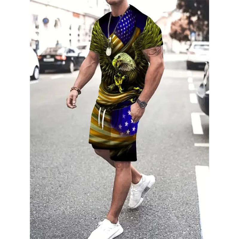 Summer Men's Lion Printed Pattern Short Sleeve Round Neck Breathable T Shirt Shorts Suit New Men's Temperament Streetwear Suit