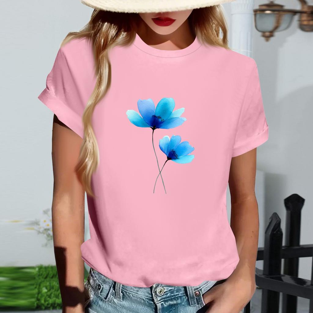 Damen Modisches Rundhals Casual Retro Print Kurzarm T-Shirt Top