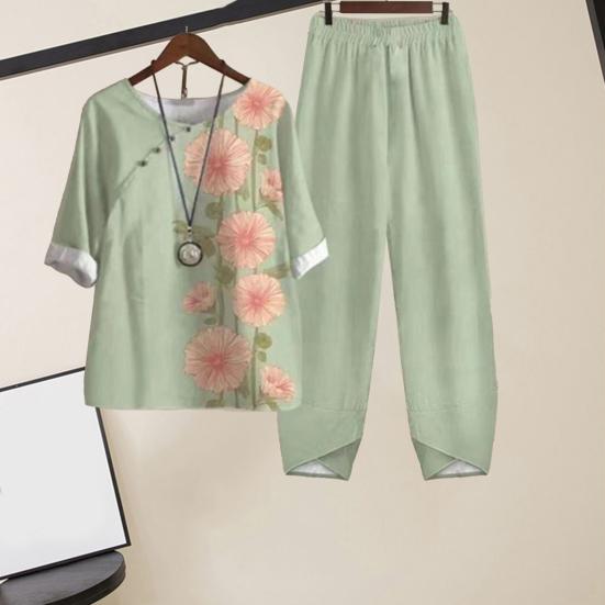 2 Stück/Set Bluse Hose Rundhals Halbarm Knopf Elastische Taille Lässig Täglich