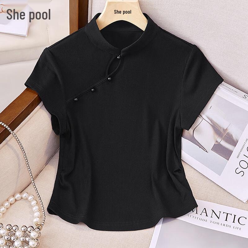 Women s Retro Chinese Style Stand Collar Hollow Out Short Sleeve T-Shirt S