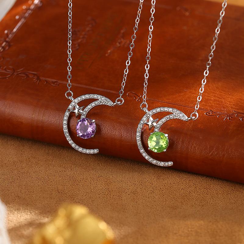 Xingyue natural colored treasure necklace s925 sterling silver inlaid amethyst peridot pendant niche light luxury collarbone chain women