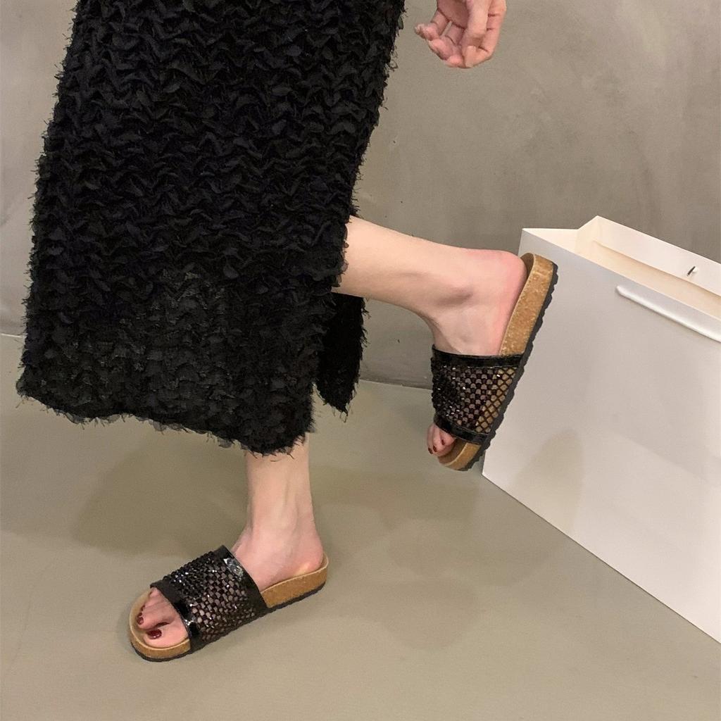 Thick-soled niche hollow one-word cool slippers women's shoes wear 2025 summer mesh temperament silver rhinestone sandals