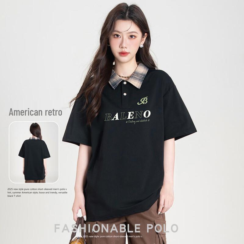 

Baleno Women s Plaid and Letter Print Short Sleeve Polo T-Shirt M
