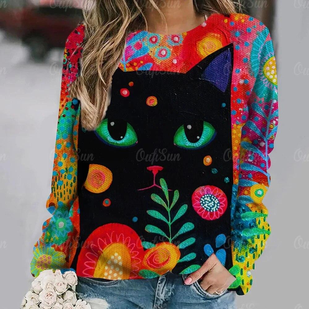 Dámské tričko Anime Kočičí potisk Topy s dlouhým rukávem Vintage svetr Bavlna s výstřihem do tvaru Y2k Dámské oblečení Oversized Street Pullover
