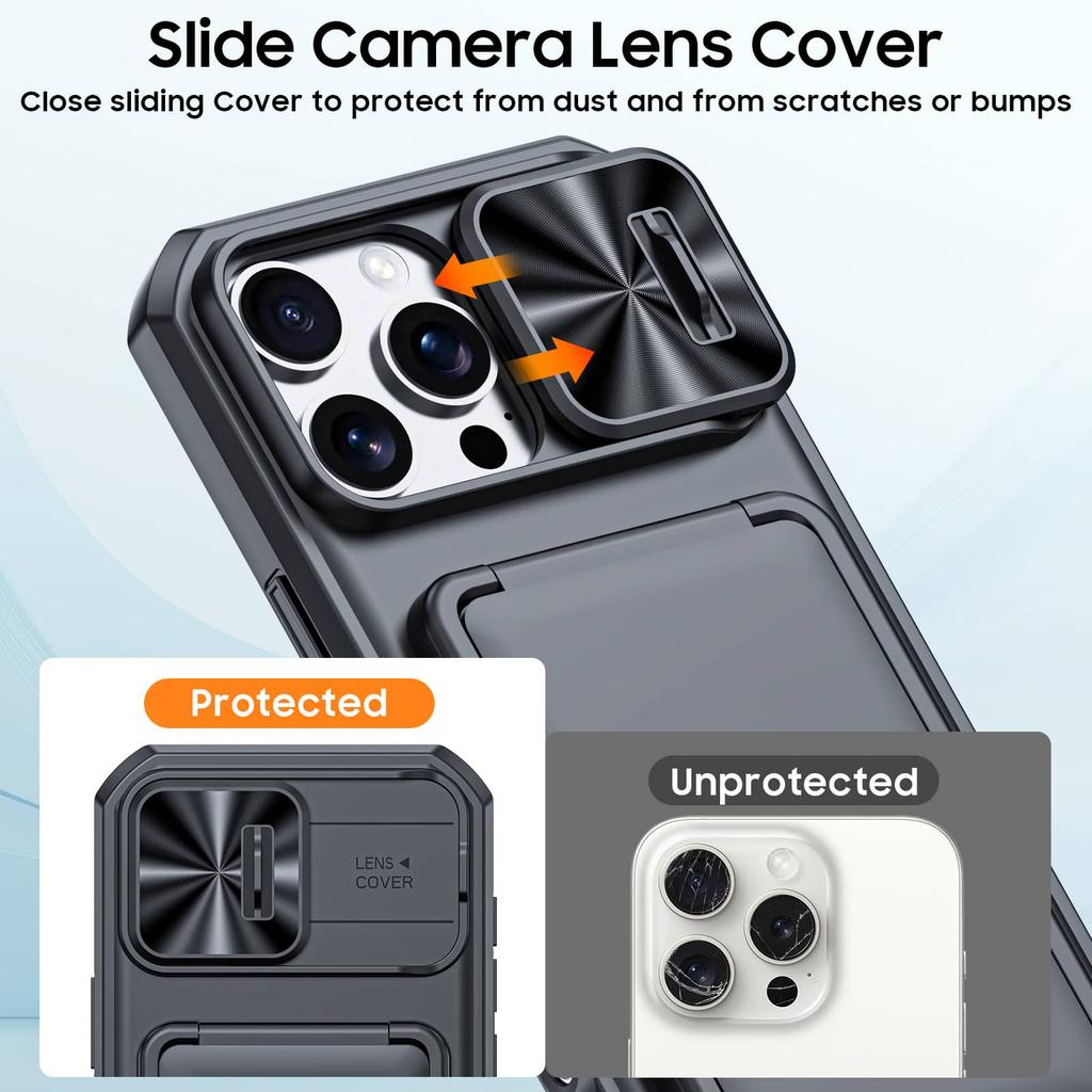 WEFOR Case for iPhone 17 16 15 Pro Max Wallet Card Holder 3-4 Cards Kickstand Slide Camera Cover Wrist Strap Rugged Shockproof