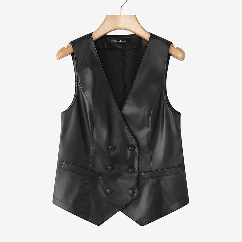 ZANZEA Damski casualowy kardigan bez rękawów z dekoltem w serek ze sztucznej skóry PU