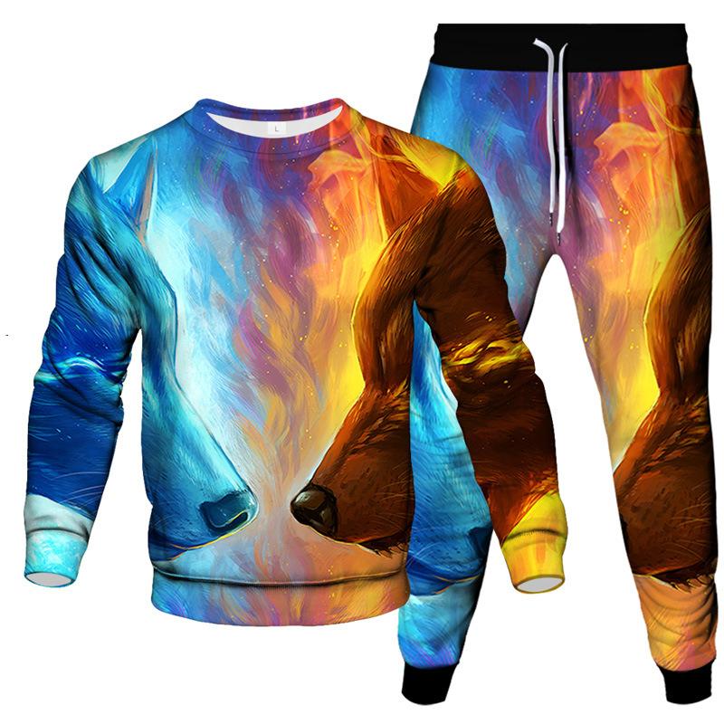 Spring Autumn Dazzle Wolf 3D Print Sportswear Set Casual T Shirt Pants 2-Piece Set Oversize Pullover Hip Hop Unisex Clothing