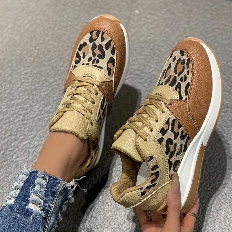 Damenmode-Sneaker mit Leopardenmuster - Lässige Schnür-Plateauschuhe mit EVA-Sohle, Innenseite aus Stoff, Ganzjahres-Low-Top-Design