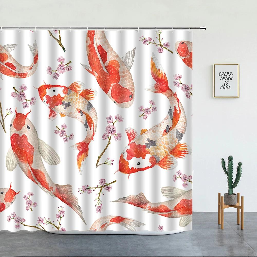 Japanese Scenery Shower Curtains Koi Carp Fish And Cherry Blossom for Bathroom Decor Set Washable Fabric Bath Screen With Hooks
