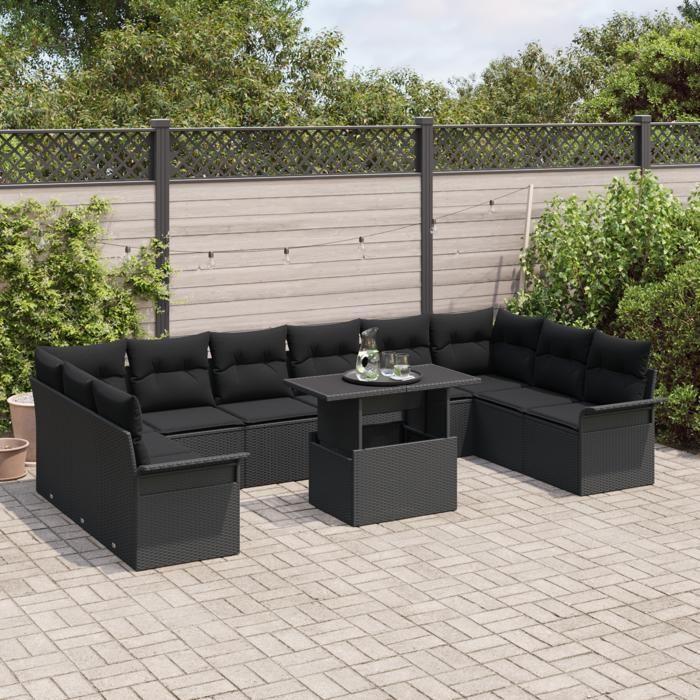 VidaXL Ensemble de canapés de jardin 11 pièces avec coussins en poly rotan noir 3348359