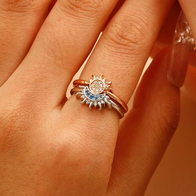 Minimalist Sun and Moon Diamond-Studded Couple Rings