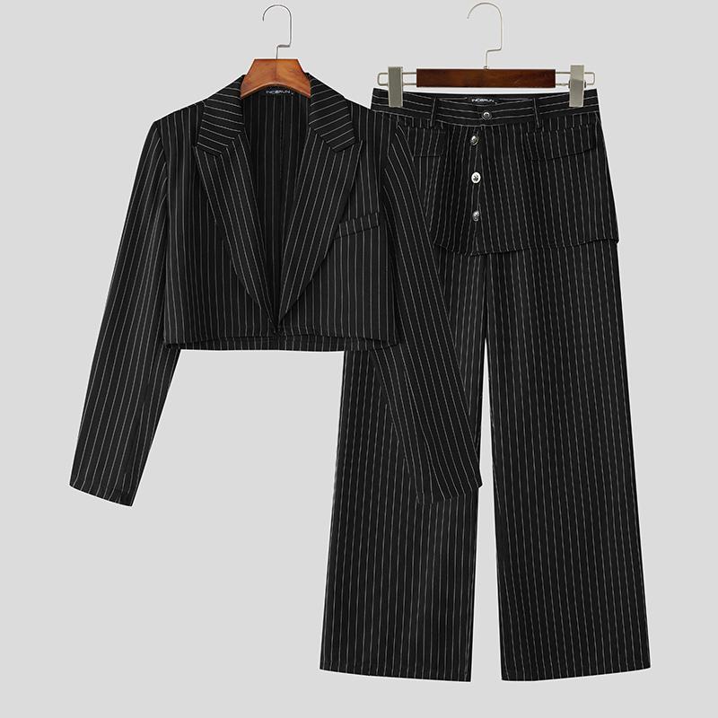 

INCERUN 2PCS Men Outfits Long Sleeve Striped Cropped Blazer and Long Pants Casual Loose Sets M