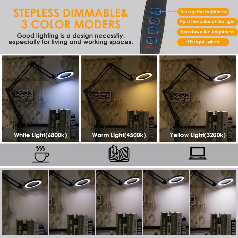 New Three-stage Magnifying Glass with Adjustable Angle, Light and Extended Arm. Enlarge Reading. Three Color Lighting Adjustment