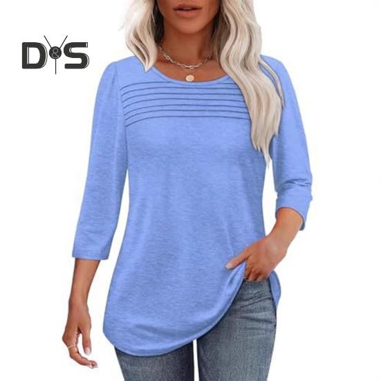 Damen-Oberteile, Rundhalsausschnitt, 3/4-Ärmel, plissierte Bluse, Frühling/Sommer, einfarbig, lockere Passform, lässiges T-Shirt für den Alltag