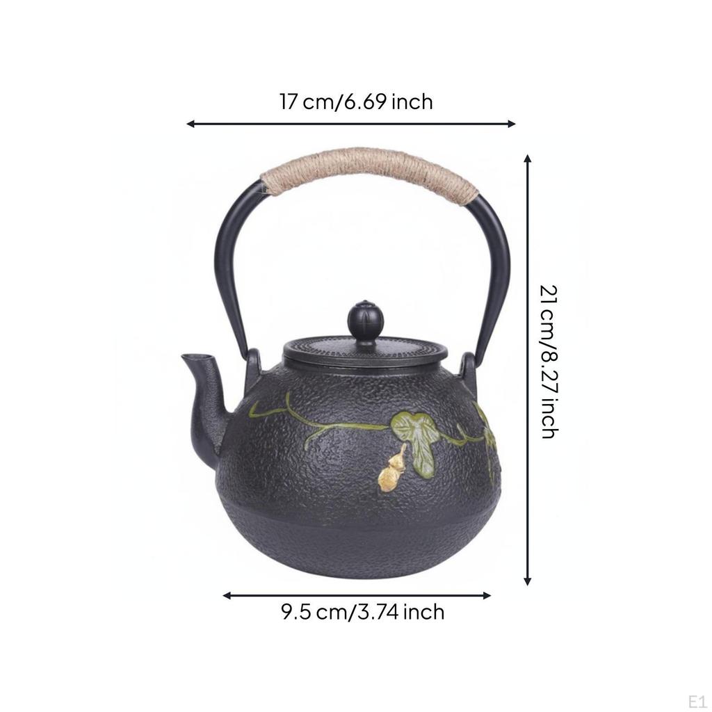 Cast Iron Teapot VineandLeaf Detail Rope Handle Textured Lidded Kettle for Boiling Water