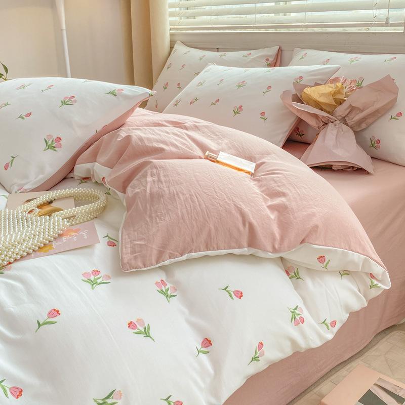 Class A Maternal And Infant Grade Small Fresh 100 Washed Cotton Four-Piece Set Student Dormitory 3Pcs Set Polished Cotton Full Quilt Cover Hat