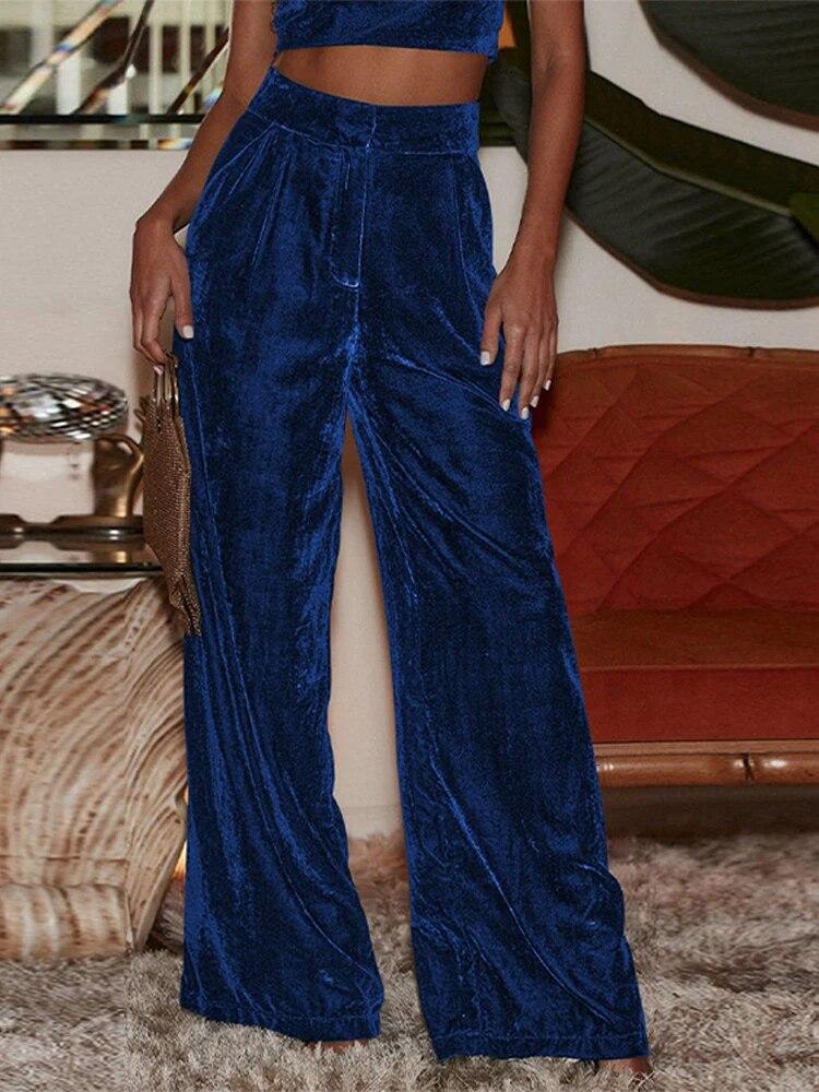 Women's Wide Leg Velvet Long Trousers New Summer Empire Elastic Waist Casual Solid Bottoms Office Lady Vintage Pocket Full Pant