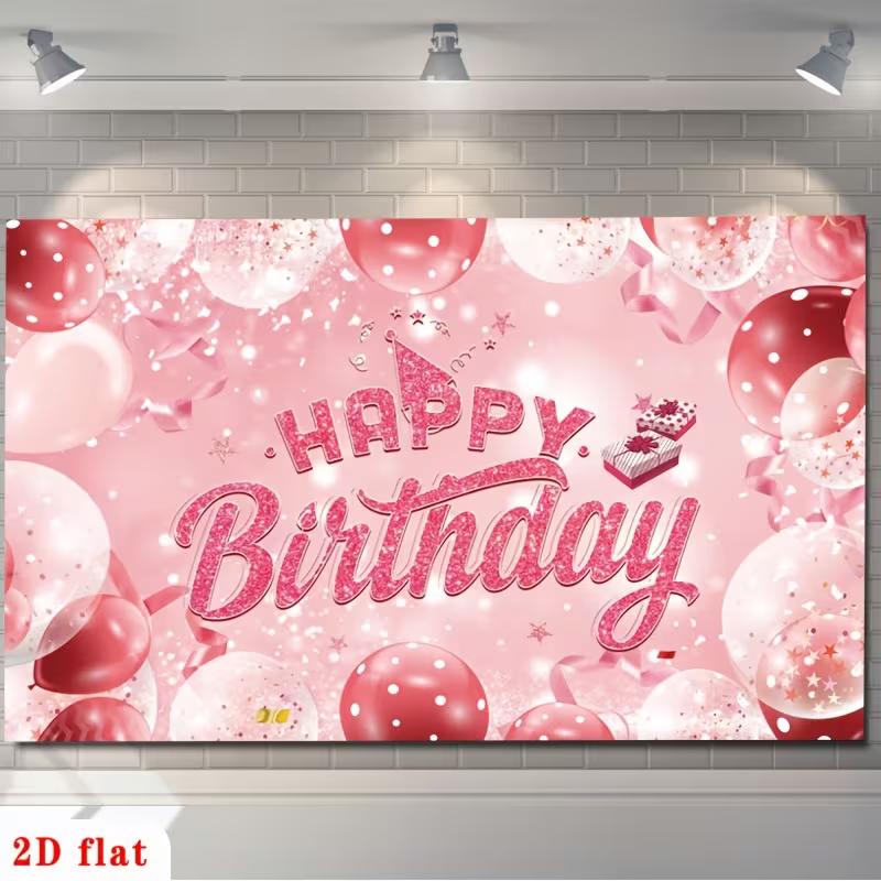 2D Pink Glitter Happy Birthday Backdrop with Polka Dot Balloons Photo Booth Banner