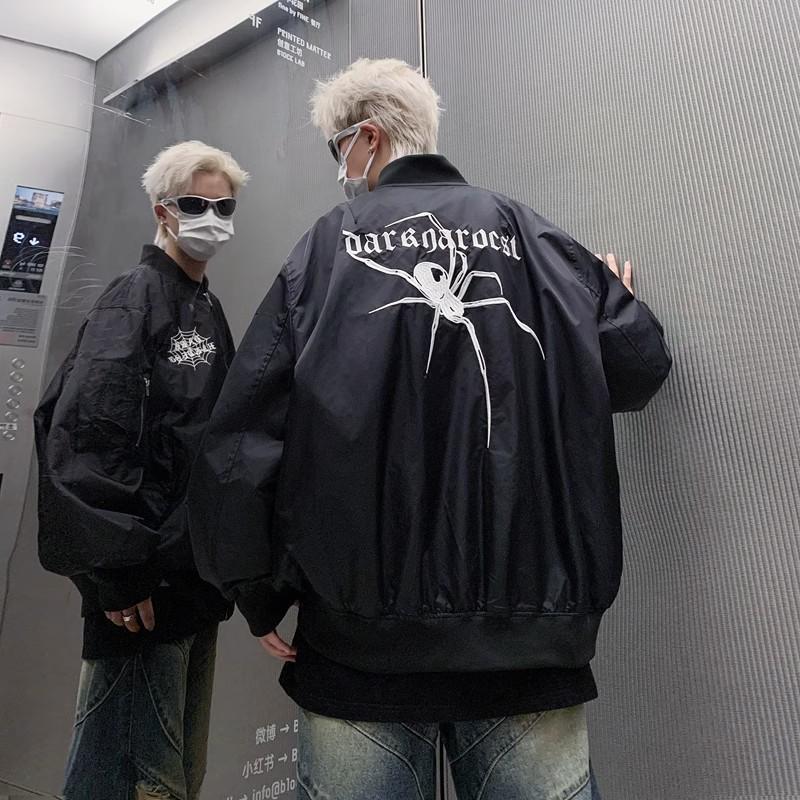 

Unisex Spider Flight Jacket: American Baseball Style, Trendy Loose Zipper Outerwear for Fall & Winter. 3XL чёрный