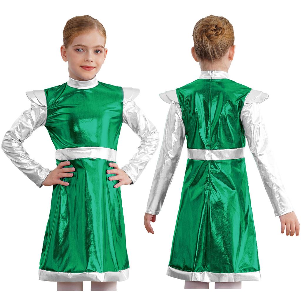 Girls Outer Space Cutie Costume: Shimmering PU Patchwork Alien Dress for Halloween & Sci-Fi Role Play Parties