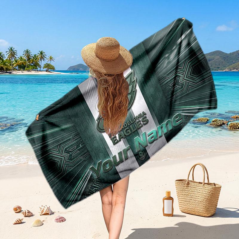 Philadelphia Eagles Customized Name Text Beach Towel, Soft Absorbent Towel Beach Pool Travel Personal Gift