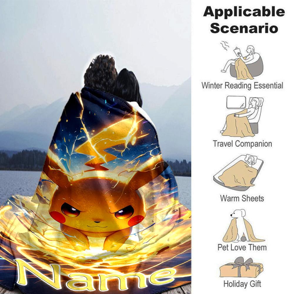 Customiz Name Personality Pokémon Pikachu Blanket Soft &Warm Sofa Office Bed Travel Lunch Break Blanket, Gift Suitable All Seasons