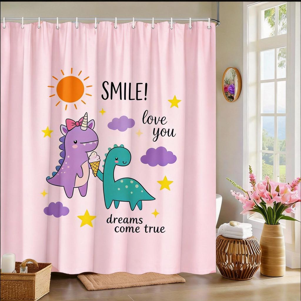 Kids Fantasy Shower Curtain 1pc Dinosaur, Unicorn & Rainbow Pattern, Playful Bath Curtain for Children's Room and Nursery Decor