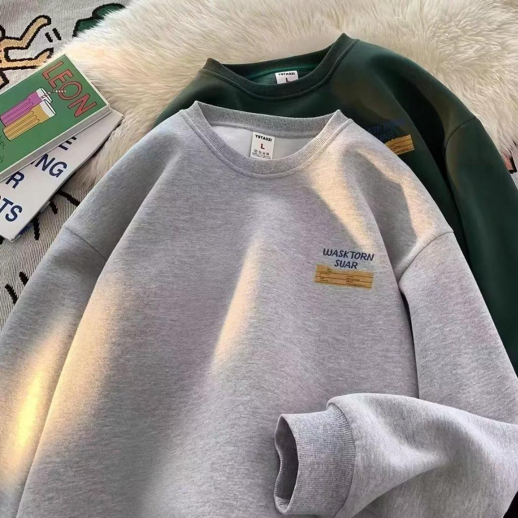 Men's Retro Heavyweight Crewneck Sweatshirt - Hong Kong Style, Plus Velvet, Loose Fit for Autumn/Winter