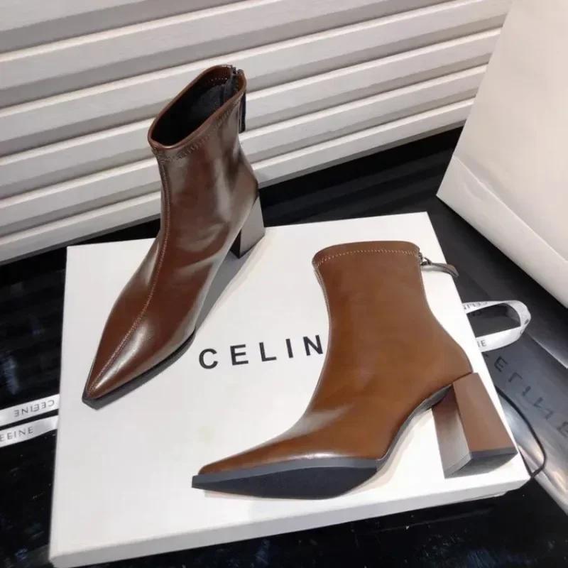 

Новые туфли на высоком каблуке женские туфли 2025 Мода женские ботинки на молнии Острый носок Однотонные Короткое голенище Массивный каблук Ботинки Botas De Mujer 40 коричневый