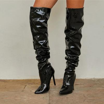 Fashion Pointed Toe Over The Knee Boots Women High Heels Patent Leather Solid Stiletto Side Zipper Sapatos Femininos