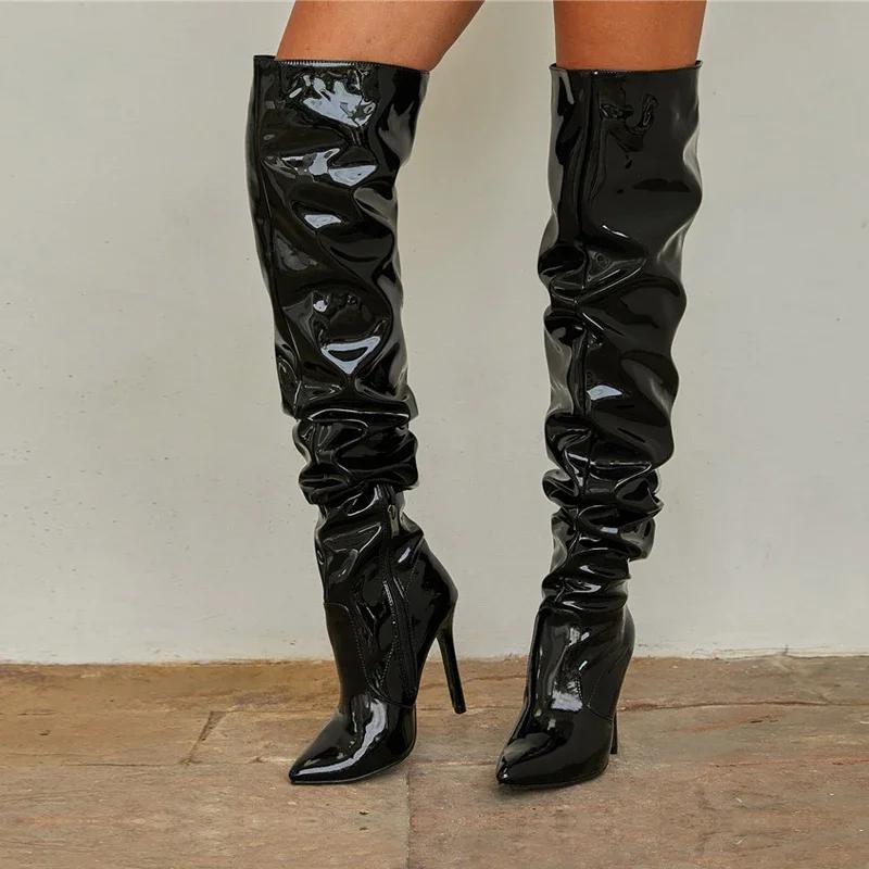 Fashion Fashion Pointed Toe Over The Knee Boots Women High Heels Patent Leather Solid Stiletto Side Zipper Sapatos Femininos