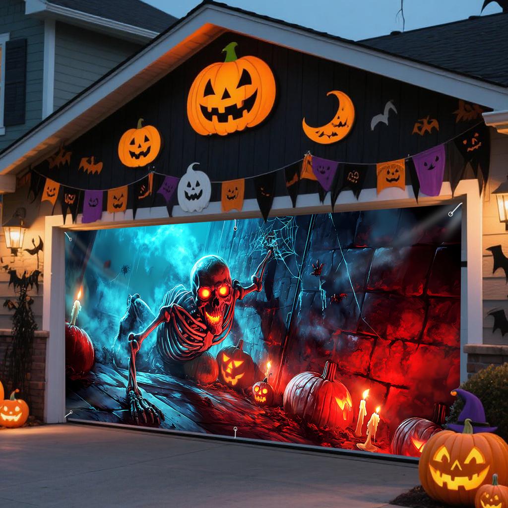 One large-sized Halloween skull scary pumpkin spider and spider web garage door decoration.PMJ