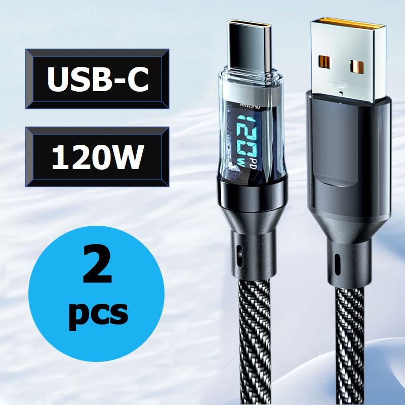 Fast Charging Cable 120W USB to Type C Cable LED Display 100W Type C To Type C Nylon Braided Data Cord for Samsung Xiaomi Huawei