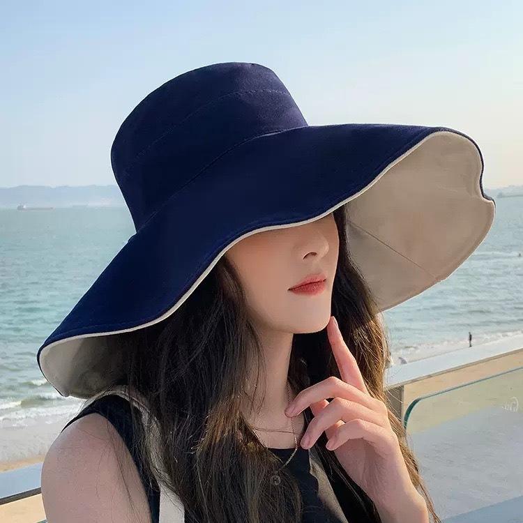 Summer sun protection hat women's versatile double-sided with large brim bucket hat outdoor UV protection travel visor