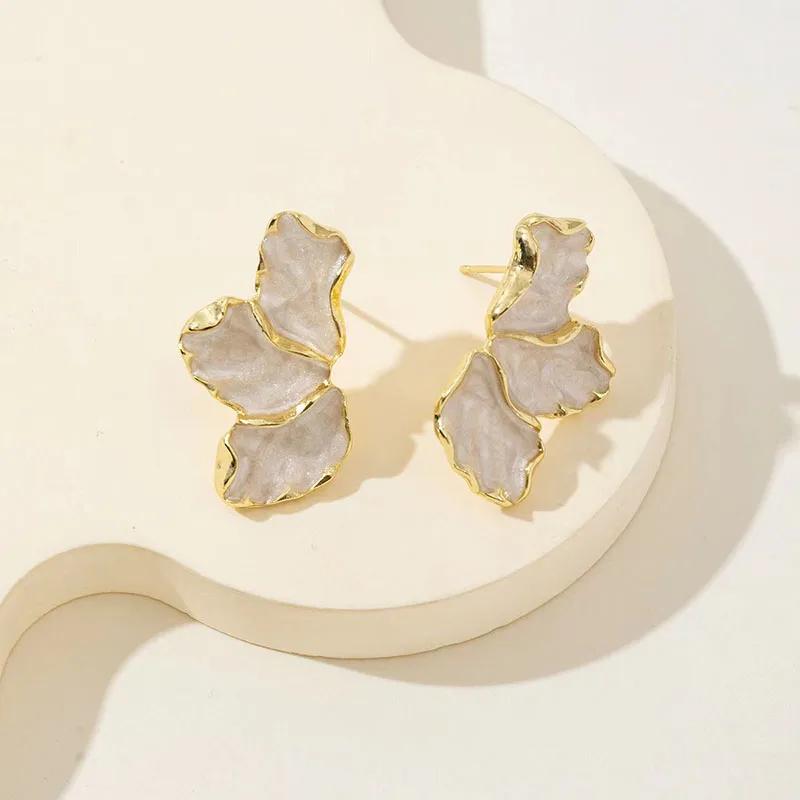 Metal Flower Cream Epoxy Earring Stud Women Fashion Golden Color Plating Irregular Post Earrings Heavy Design Statement Earrings