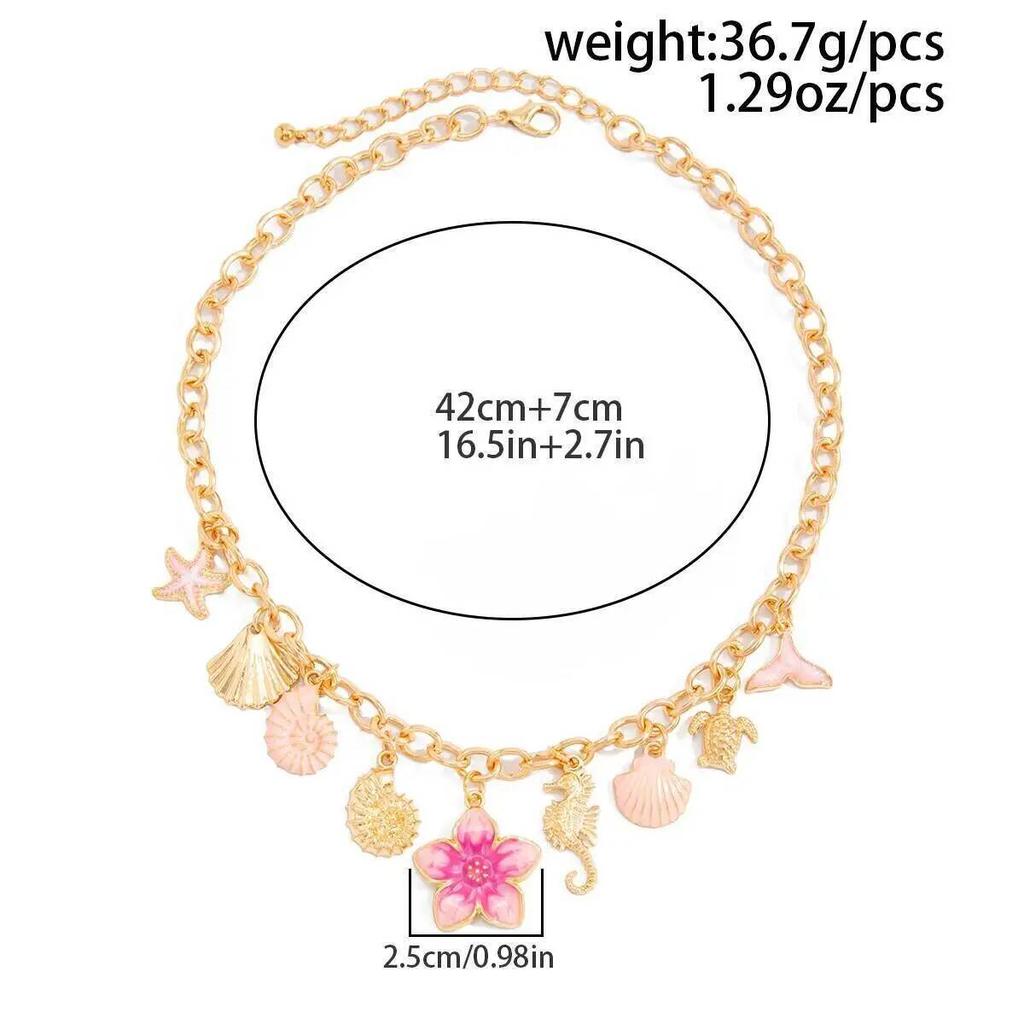 IngeSight.Z Sweet Romantic Starfish Shell Pink Flower Pendant Choker Necklace Women Summer Beach Charm Aesthetics Jewelry Gift