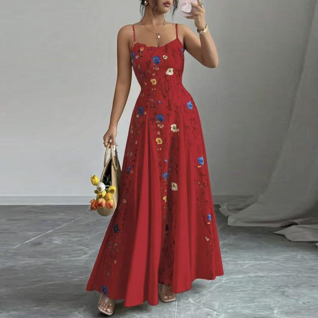 Women's Sleeveless Spaghetti Strap Floral Print Maxi Dress Fitted Waist Casual Summer Long Dress for Daily Wear