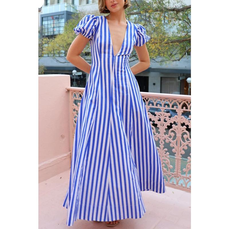 

Модное полосатое платье с глубоким вырезом и V-образным вырезом и пышными рукавами XL синий