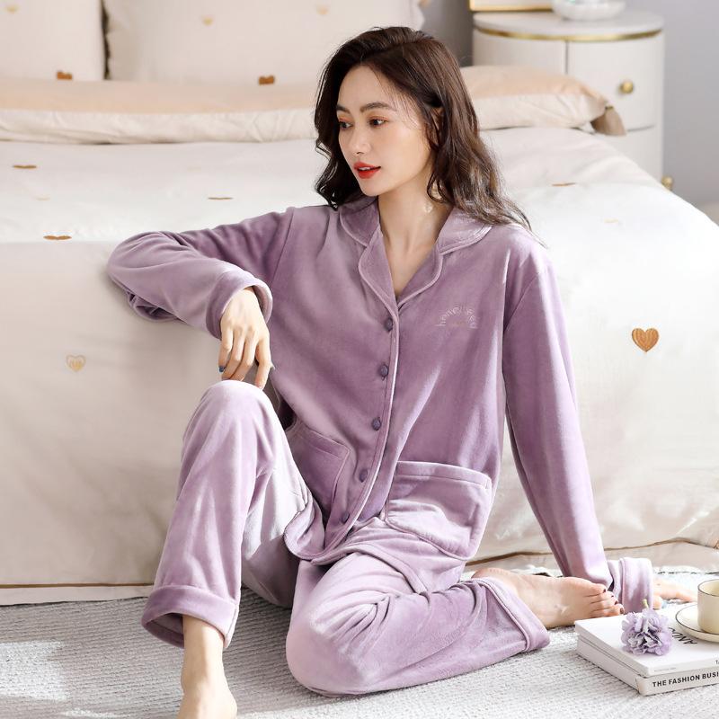 Pajamas Women'S Coral Fleece Autumn And Winter Warm Long-Sleeved Suit Flannel Thickened Fleece Loungewear