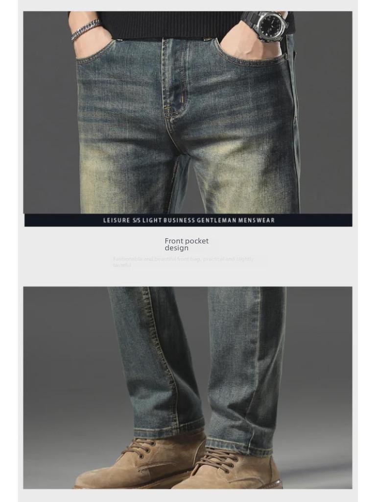 Men's Mid-High Waist Slim Fit Stretch Jeans - Trendy, Simple, Straight-Leg Trousers for Spring and Autumn.