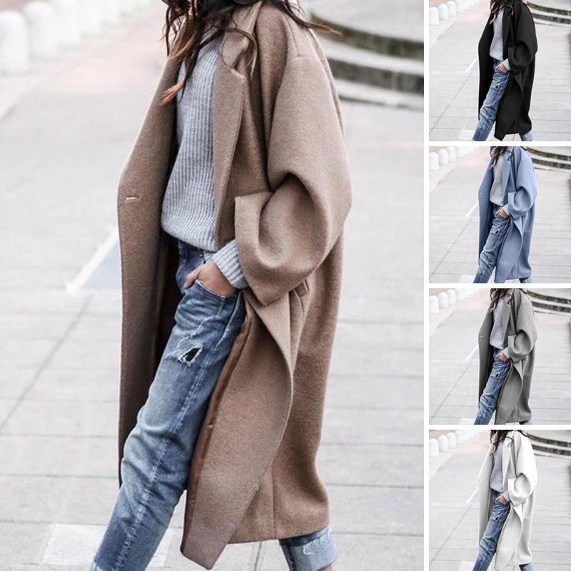 2022 Women's Plus Size Woolen Overcoat - Stylish European & American Solid Color Design