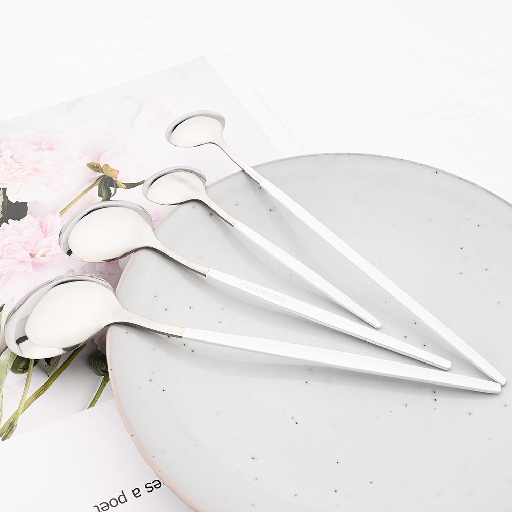 6Pcs White Silver Cutlery Set Stainless Steel Dinnerware Tableware Dessert Knife Forks Long Handle Spoon Coffee Spoons Flatware