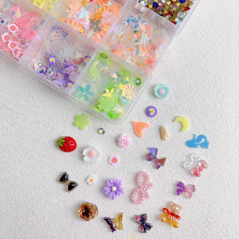 1 Kutu Nail Art Dekorasyon Seti, Kelebek Çiçek Yay Nail Art Takılar, Tırnak İnci Aksesuarları