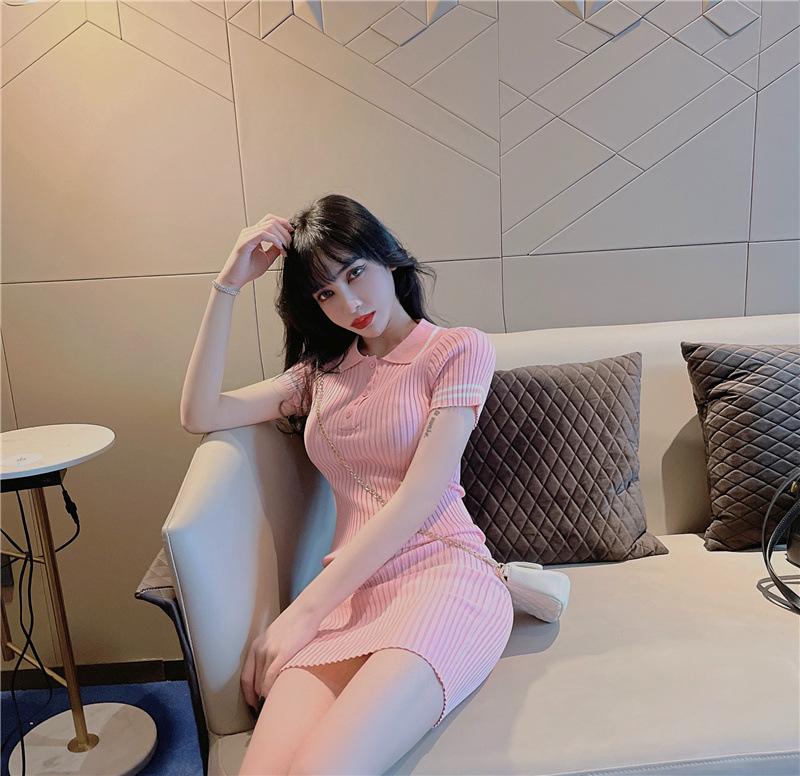 Sweet Summer Polo Collar Knit Dress: Slimming Short Sleeve Hip-Hugging Style