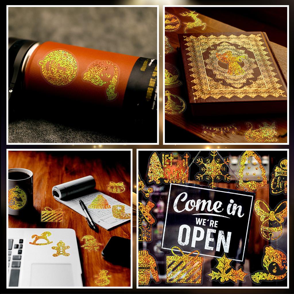 100 PCS Holographic Christmas Stickers - Gold PET Decals for Gifts, Journals, Glass Decor