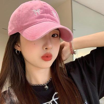 Korean Bow Embroidered Baseball Cap For Women Girl Washed Cotton Summer Outdoor Sunscreen Hat Solid Color Adjustable Hats