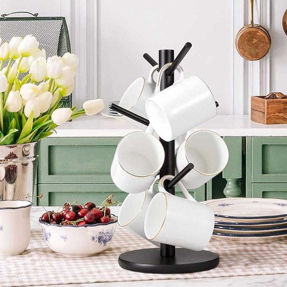 6 Hooks Bamboo Coffee Cup Holder Thickened Base Wood Material Coffee Cup Rack Sturdy Design Tree Shape Cup Storage Holder