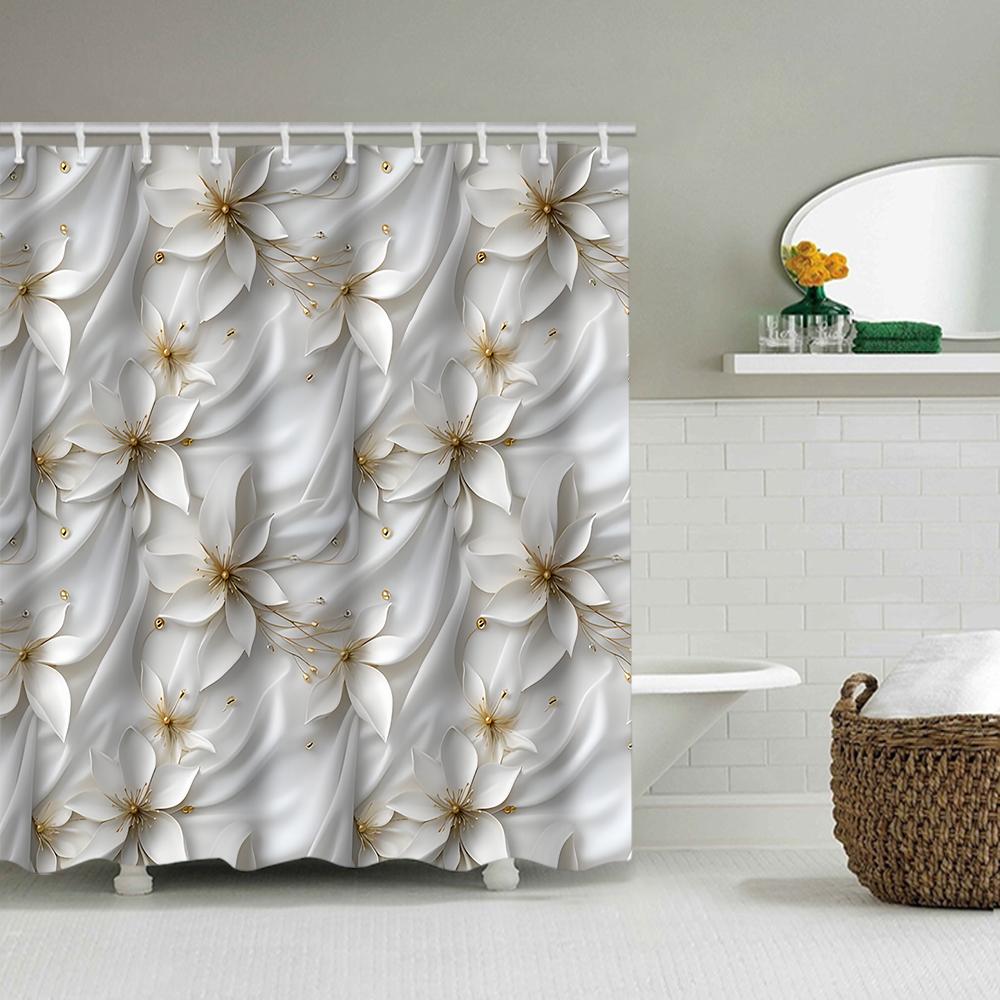 

1/4 Белые шторки для душа с цветами, Украшение сиденья унитаза, Шторка для душа с ковриком и крышкой унитаза, 12 крючков 70,8X70,8 дюйма 180*180cm