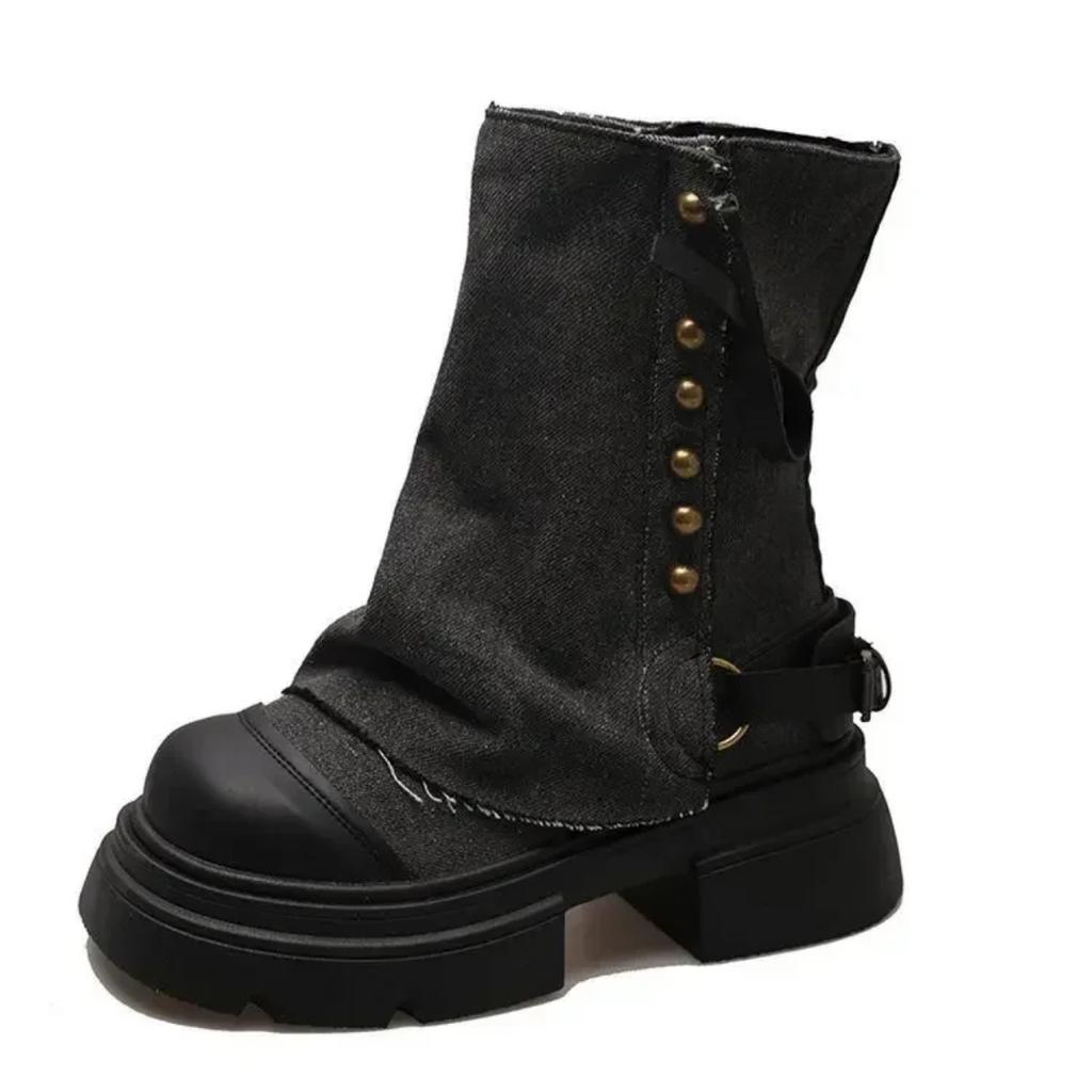 Women Ankle Boots Western Denim Short Boots Rivet Ankle Boots Fashion Slip On Thick Bottom Platform Shoes