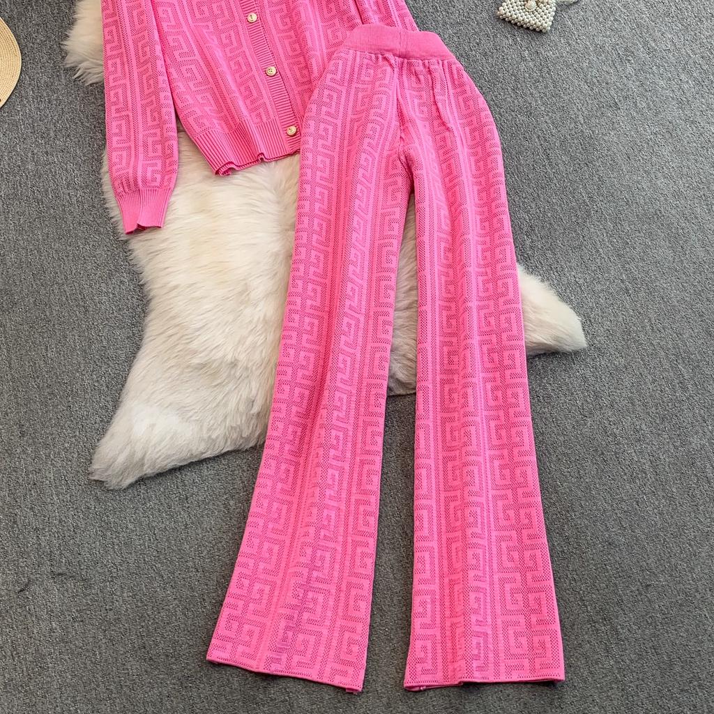 Jesień Zima Damski Designerski Wzorzysty Dzianinowy Sweter Spodnie Dwuczęściowy Zestaw Długi Rękaw Jednorzędowa Kurtka Top i Spodnie z Elastycznym Pasem Dres